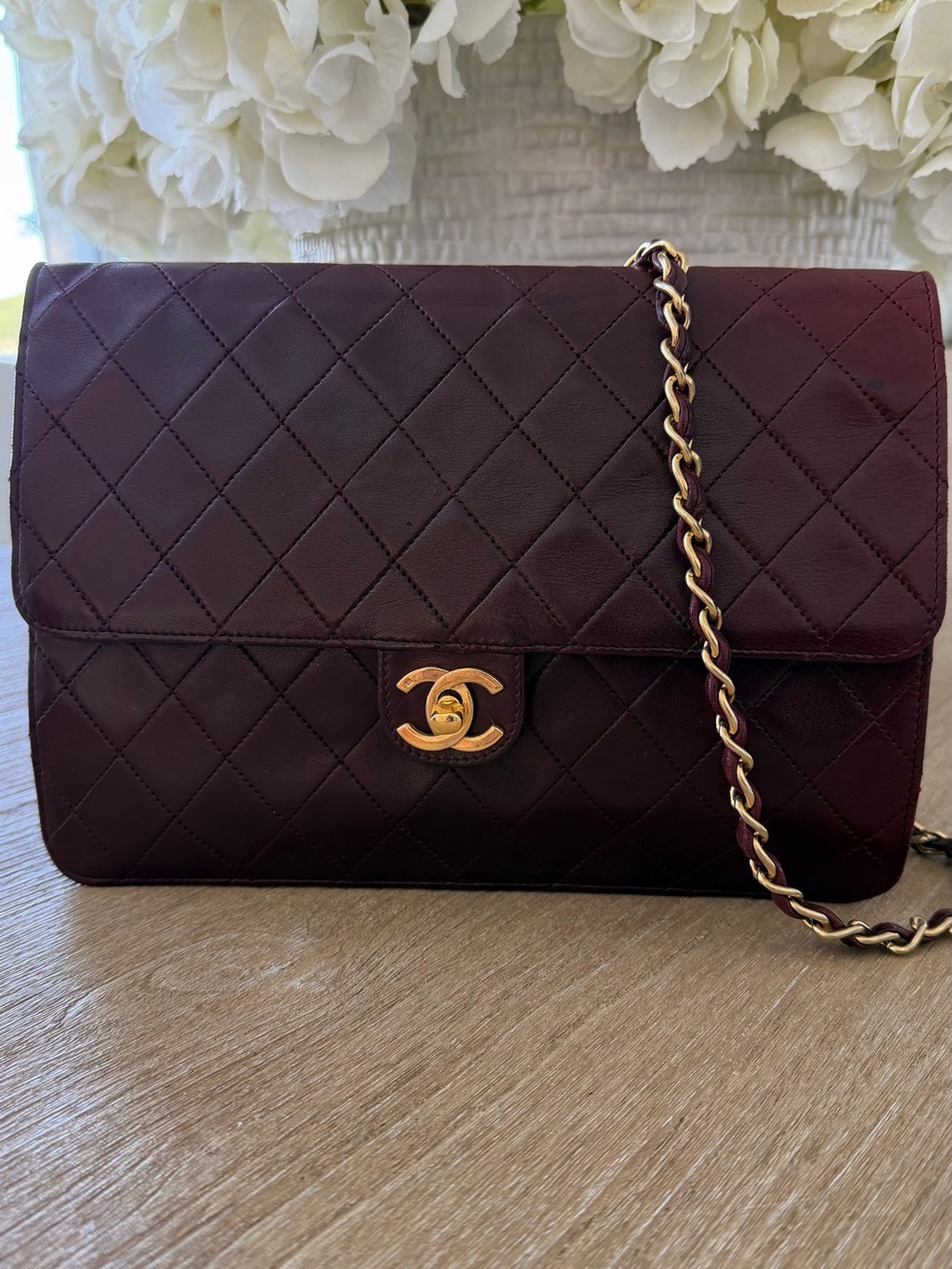 CHANEL Quilted Shoulder Bag in Deep Plum with Gold Hardware